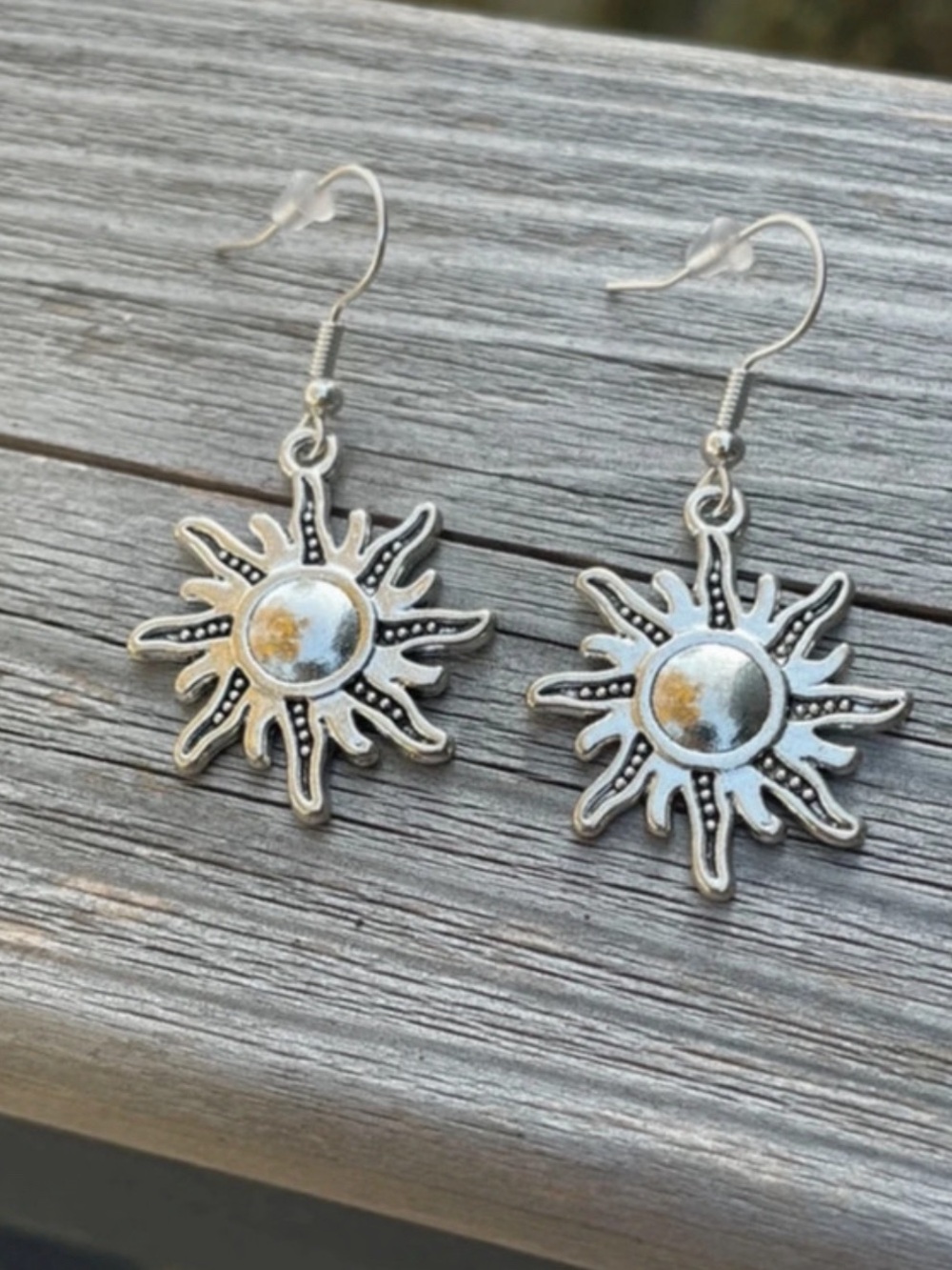 Silver tone boho sun dangle earrings